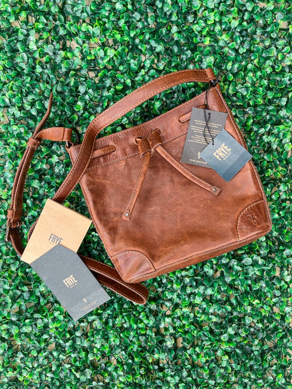 FRYE Melissa Drawstring Bucket Bag Cognac Leather Crossbody NWT